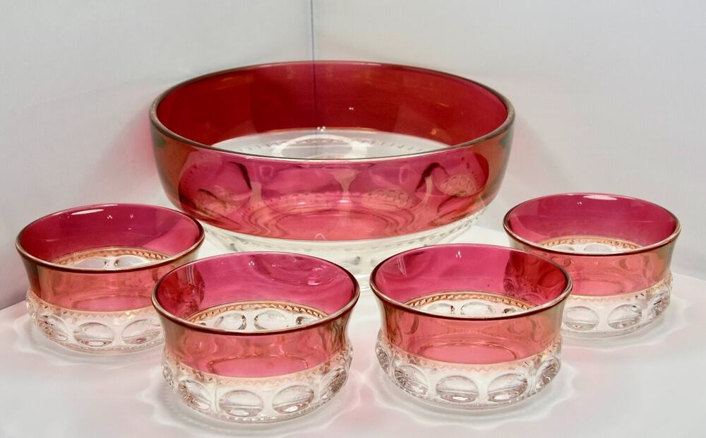 TIFFIN FRANCISCAN KINGS CROWN BOWL SET THUMBPRINT RUBY RED 5pc Set